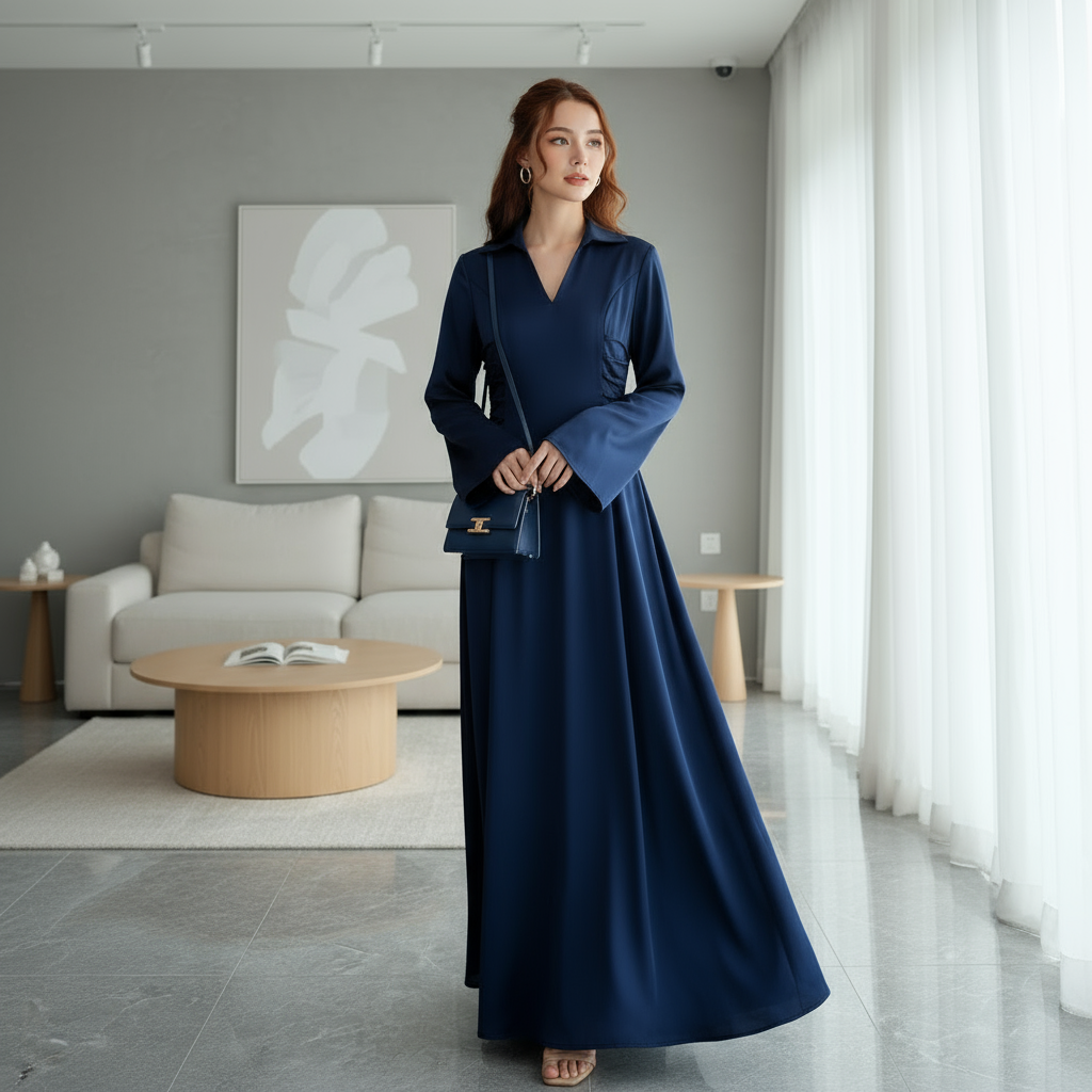 Elegante Satijnen Jurk met Lange Mouwen – A-lijn & Hoge Taille