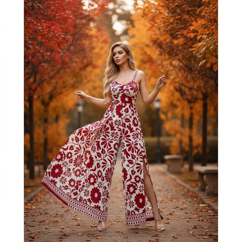 Elegante Mouwloze Jumpsuit – Wide Leg met Print & Elastische Taille