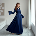 Elegante Satijnen Jurk met Lange Mouwen – A-lijn & Hoge Taille