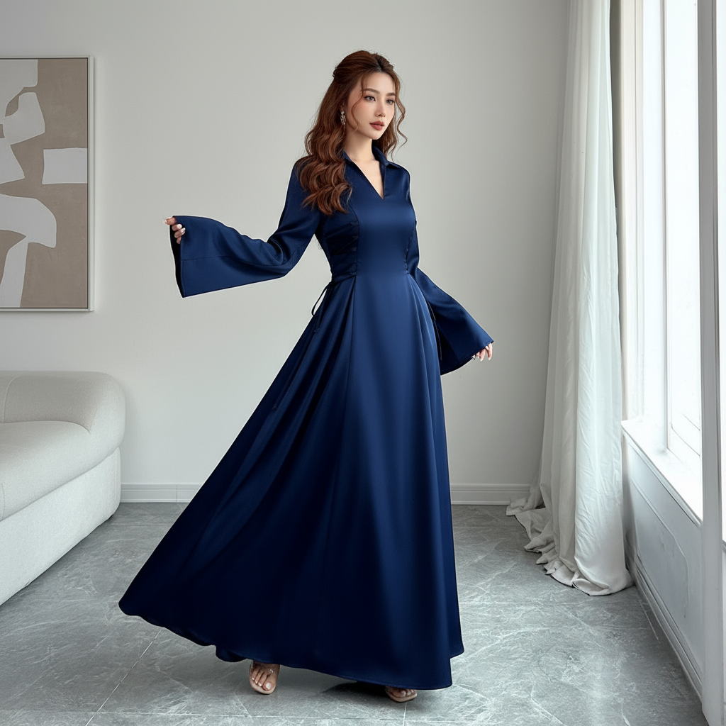 Elegante Satijnen Jurk met Lange Mouwen – A-lijn & Hoge Taille