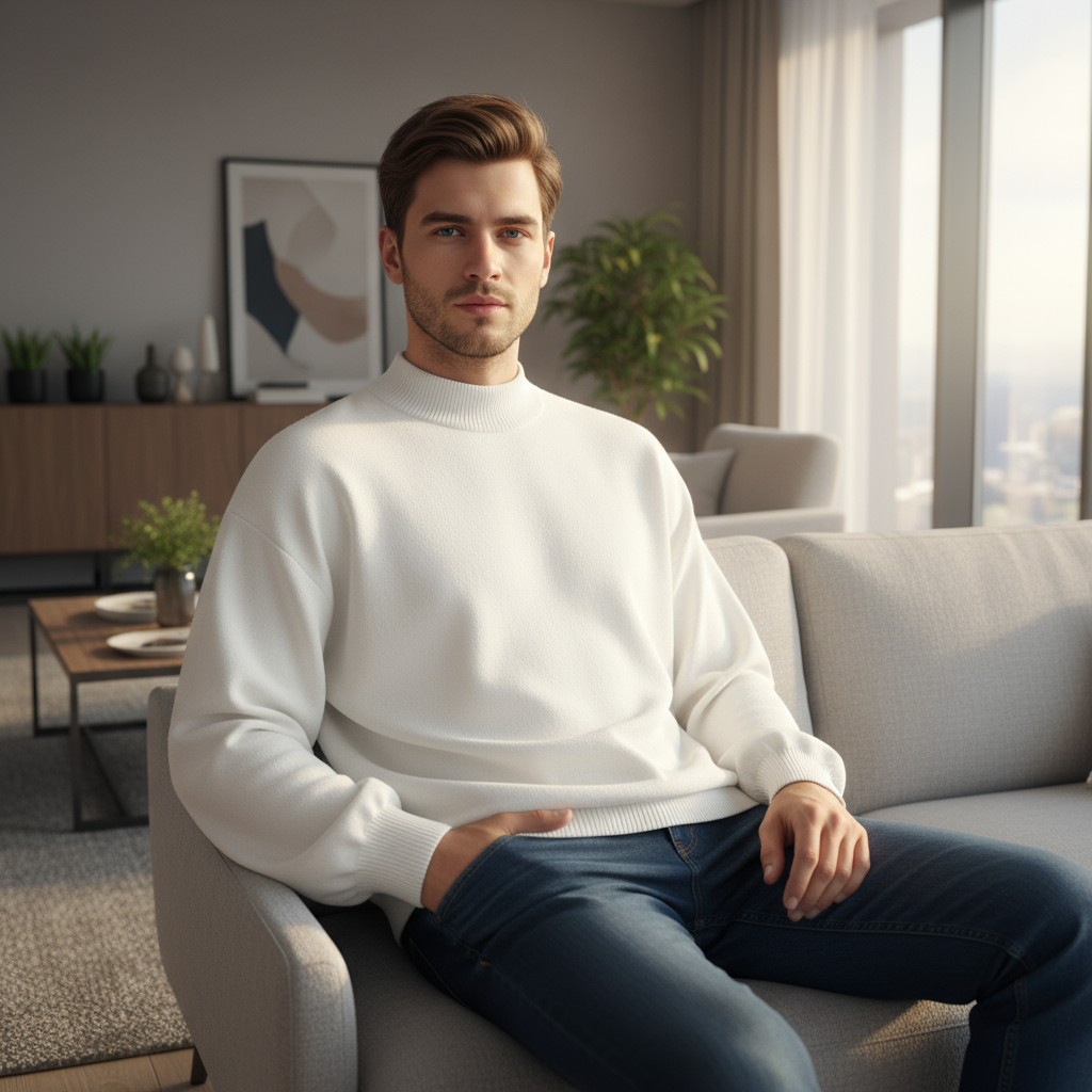 Heren Mock Neck Trui – Warme Losse Fit Sweater van Katoen