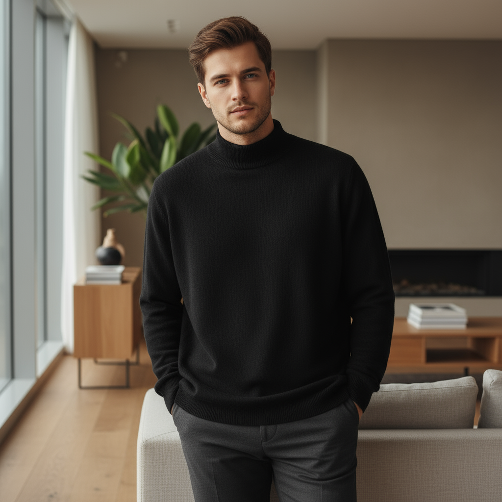 Heren Mock Neck Trui – Warme Losse Fit Sweater van Katoen