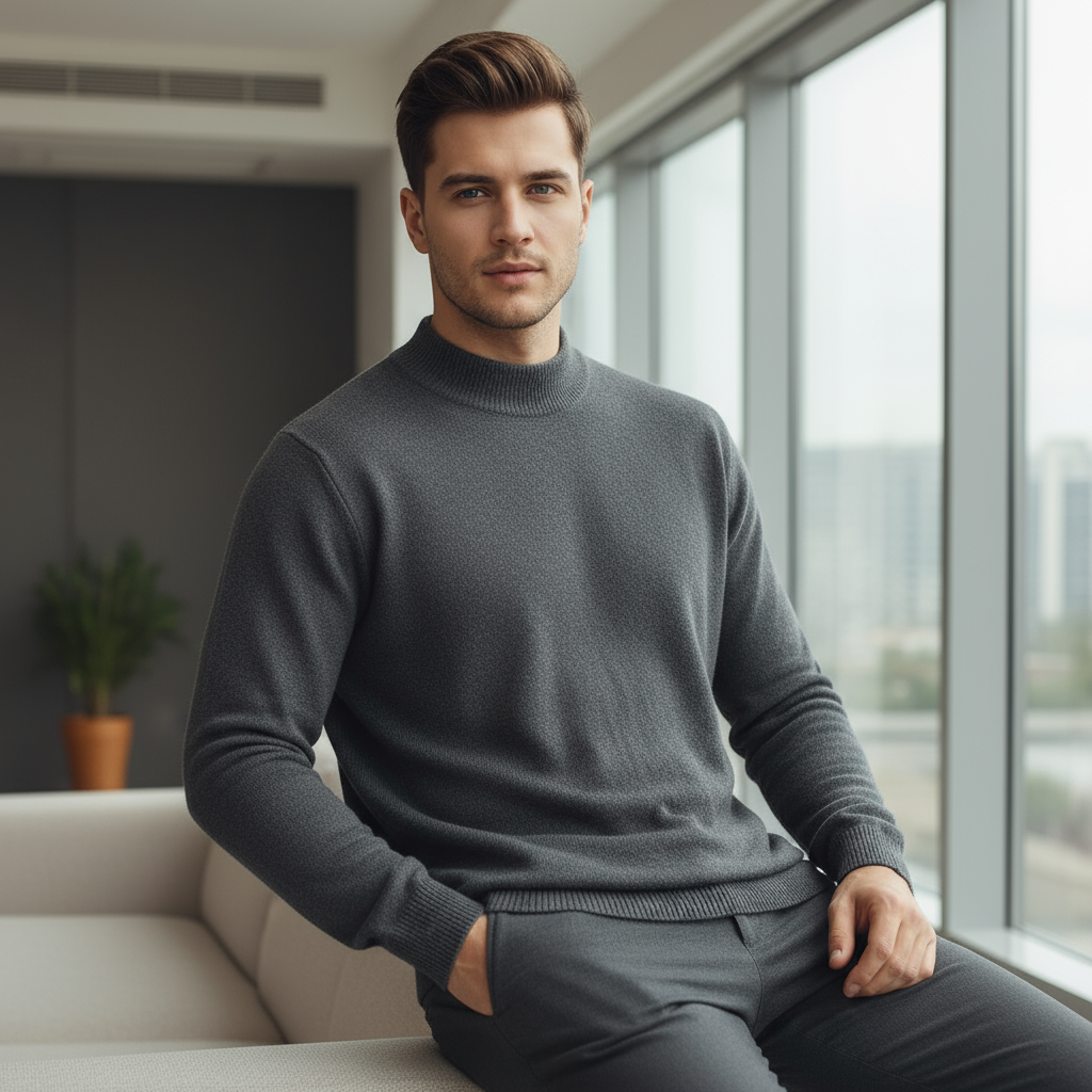 Heren Mock Neck Trui – Warme Losse Fit Sweater van Katoen