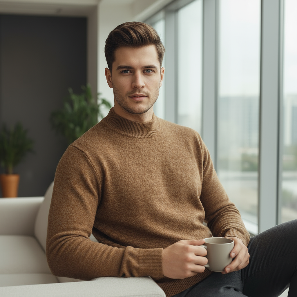 Heren Mock Neck Trui – Warme Losse Fit Sweater van Katoen