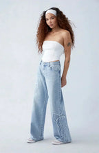 Denim Jeans met Wijde Pijpen en Patches