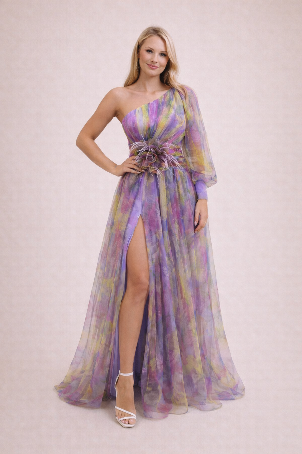 Elegante One-Shoulder Avondjurk met Bloemenprint