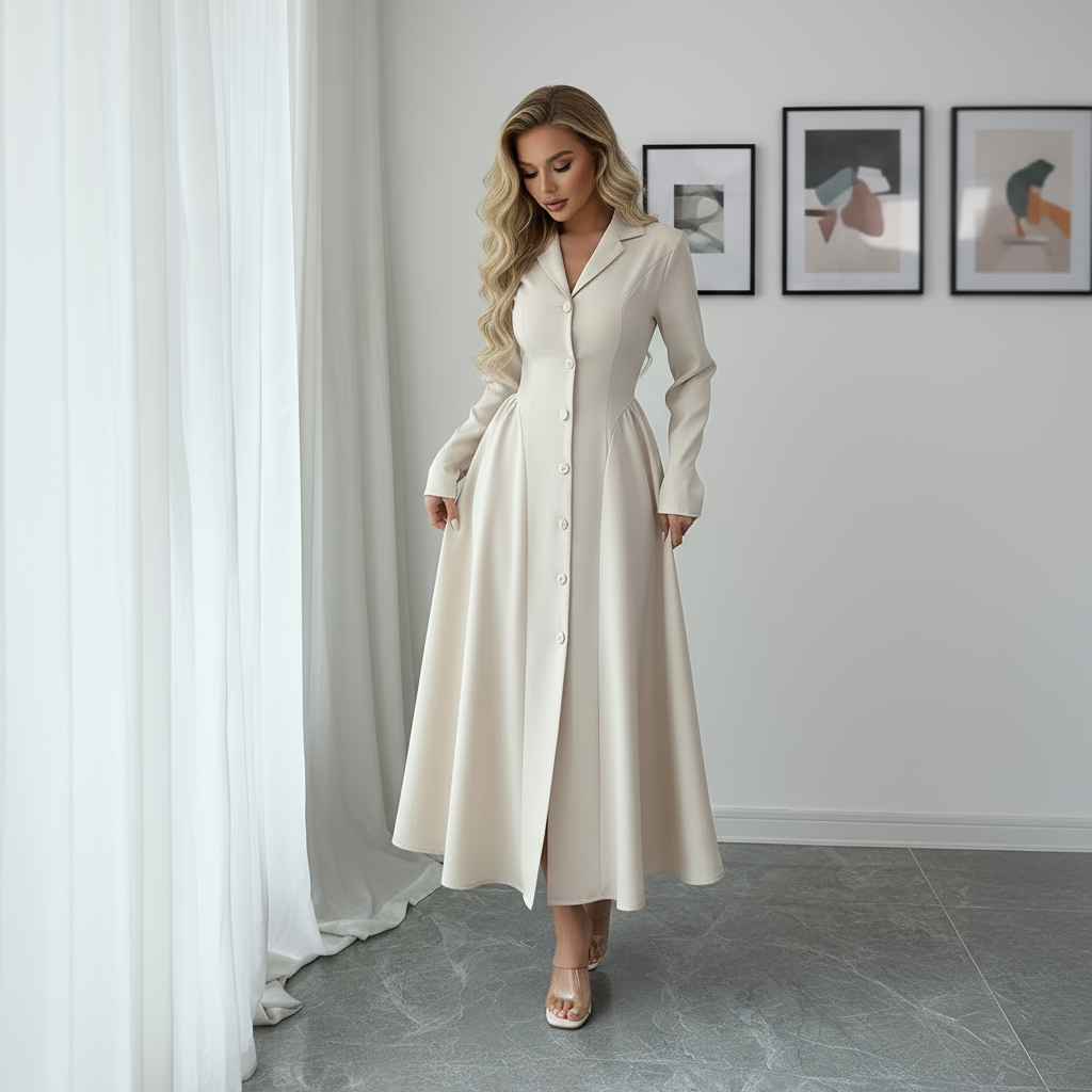 Satijnen A-lijn Jurk met Knopen – Lange Mouwen & Hoge Taille