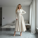 Satijnen A-lijn Jurk met Knopen – Lange Mouwen & Hoge Taille