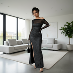 Elegante Lange Satijnen Jurk – Tube Top met Lange Mouwen