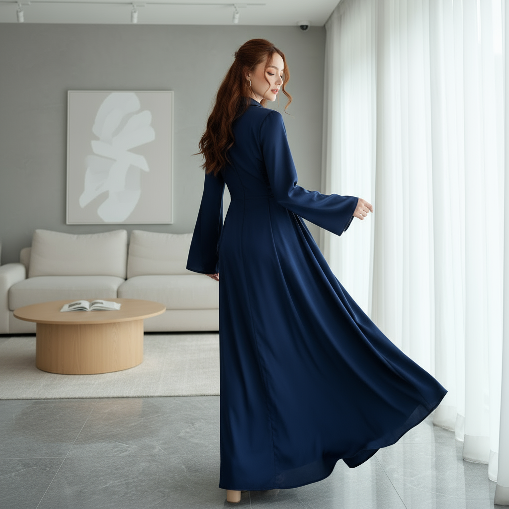 Elegante Satijnen Jurk met Lange Mouwen – A-lijn & Hoge Taille